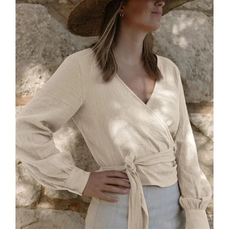COTTON MUSLIN V-NECK BLOUSE
