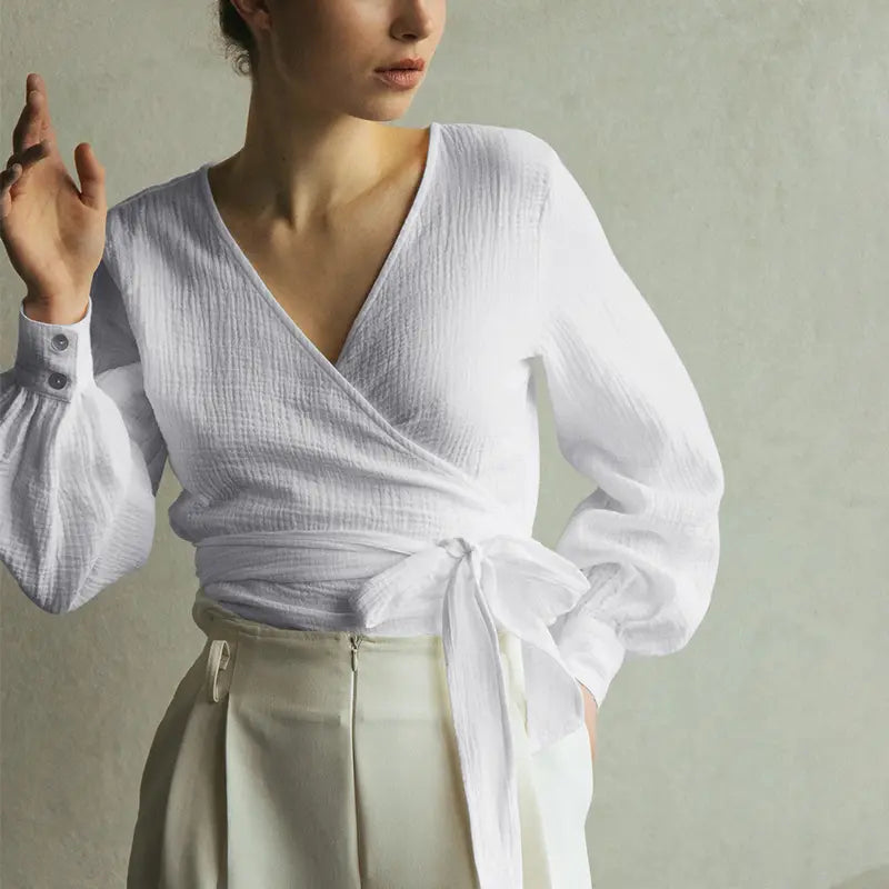 COTTON MUSLIN V-NECK BLOUSE
